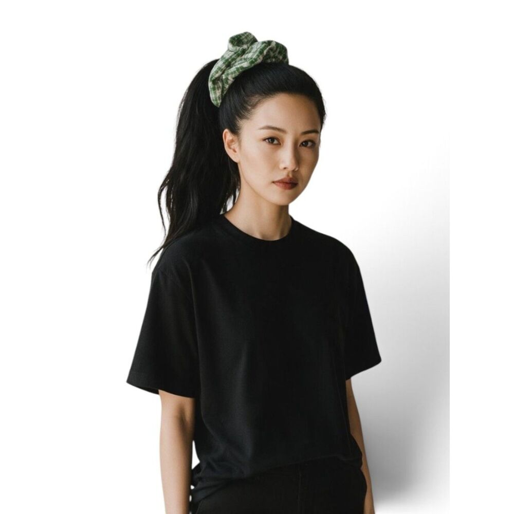 Handmade Green Gingham Cotton Hair Scrunchie M Plaid Ponytail Holder Elastic